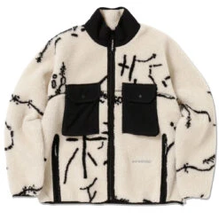 And Wander Womens Daijiro Ohara Map Key Boa Jacket Off White(And Wander Womens Daijiro Ohara Map Key Boa Jacket Off White)