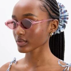 Damson Madder Slim Oval Preppy Sunglasses With Wavy Temple Pink(Damson Madder Slim Oval Preppy Sunglasses With Wavy Temple Pink) -Best Clothing Store DamsonMadderSlimOvalPreppySunglassesWithWavyTemplePink