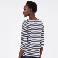 Sunspel 3/4 Sleeve Boat Neck T-Shirt White / Navy Stripe(Sunspel 3 4 Sleeve Boat Neck T Shirt White Navy Stripe) -Best Clothing Store Sunspel Womens 3 4 Sleeve Boat Neck T Shirt White Navy Stripe 26132 02